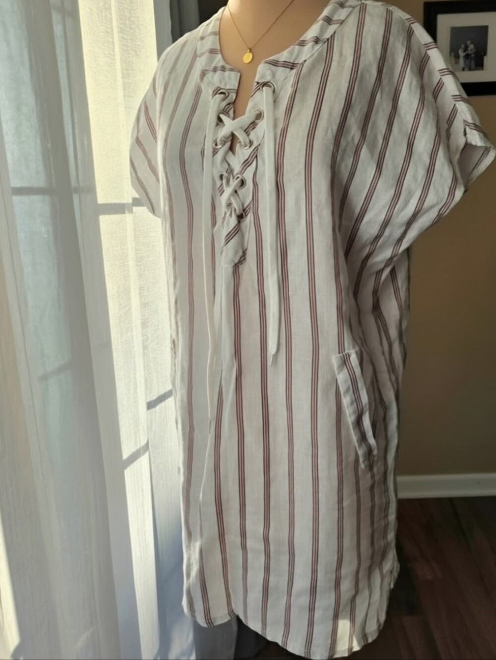 Viola‎ Borghi Italy Linen Striped Lace Up Tunic Dress Beach Coverup White Small